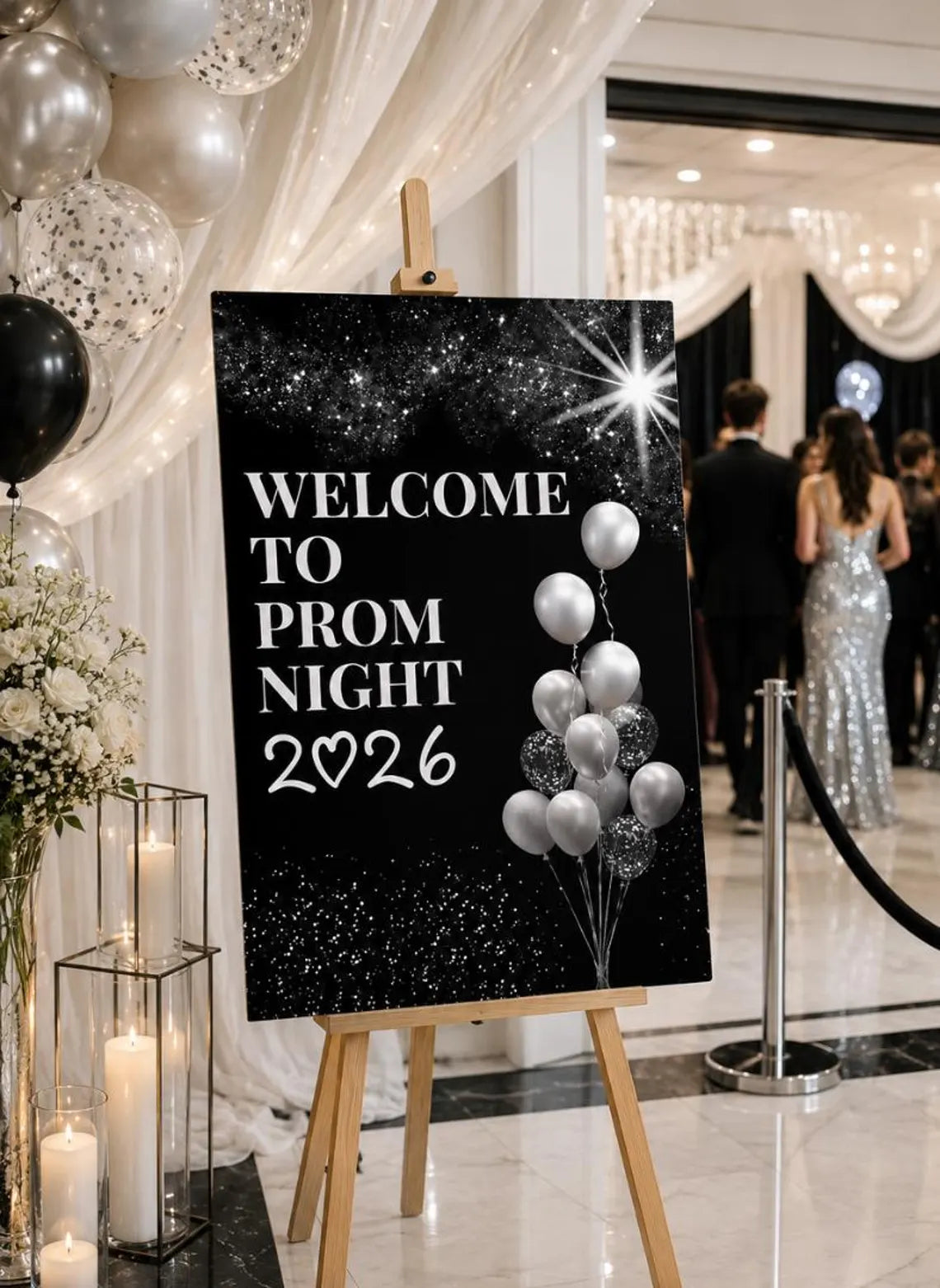 personalised silver glitter ball black background prom welcome sign 2026, editable prom night board, elegant school dance entrance sign