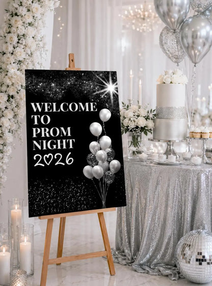 Personalised Silver Glitter Ball Black Background Prom Welcome Sign 2026, Editable Prom Night Board, Elegant School Dance Entrance Sign