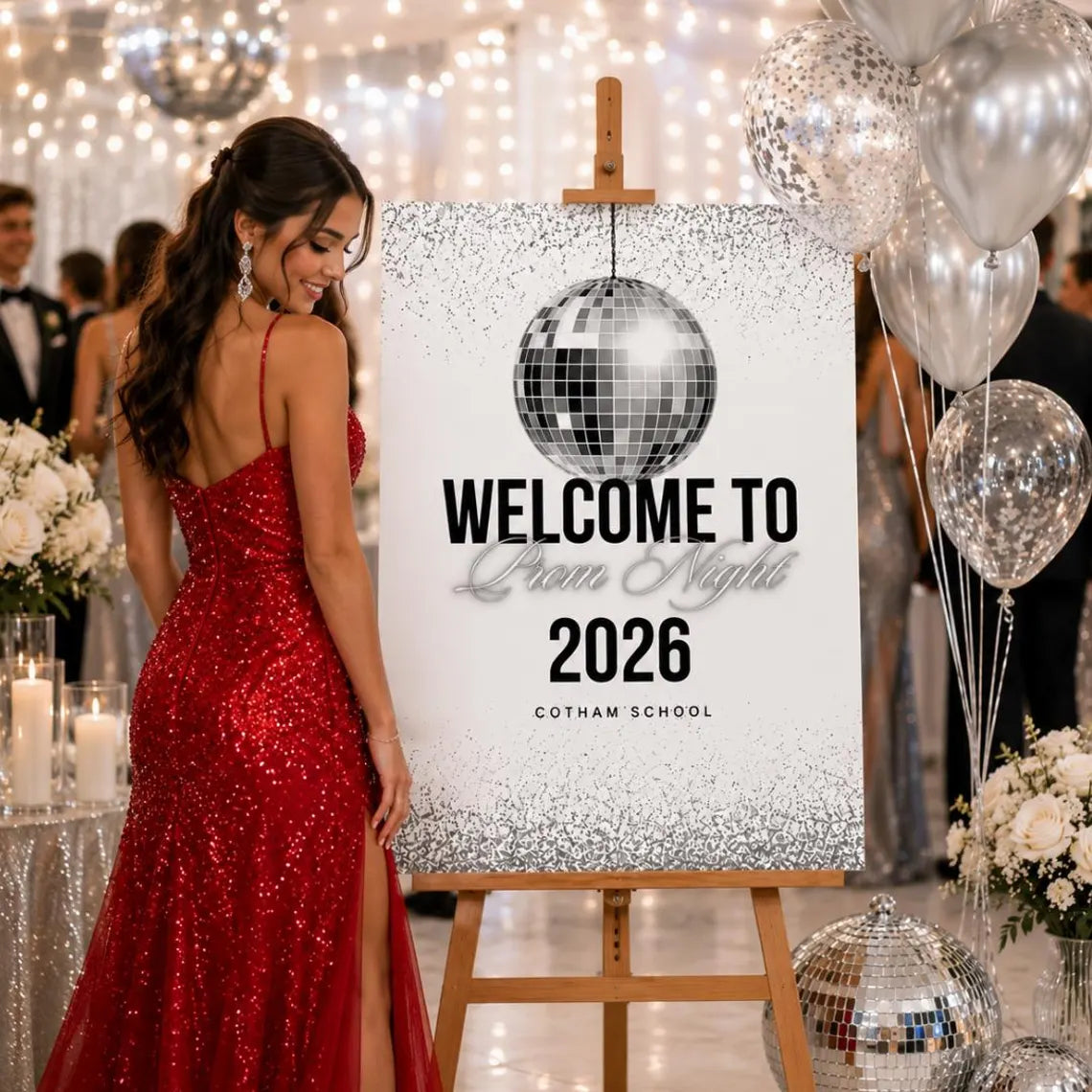 personalised silver glitter ball prom welcome sign 2026, editable prom night board, elegant school dance entrance sign