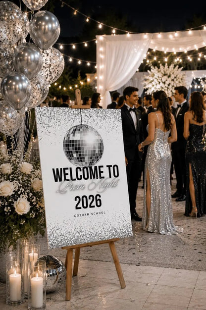 Personalised Silver Glitter Ball Prom Welcome Sign 2026, Editable Prom Night Board, Elegant School Dance Entrance Sign
