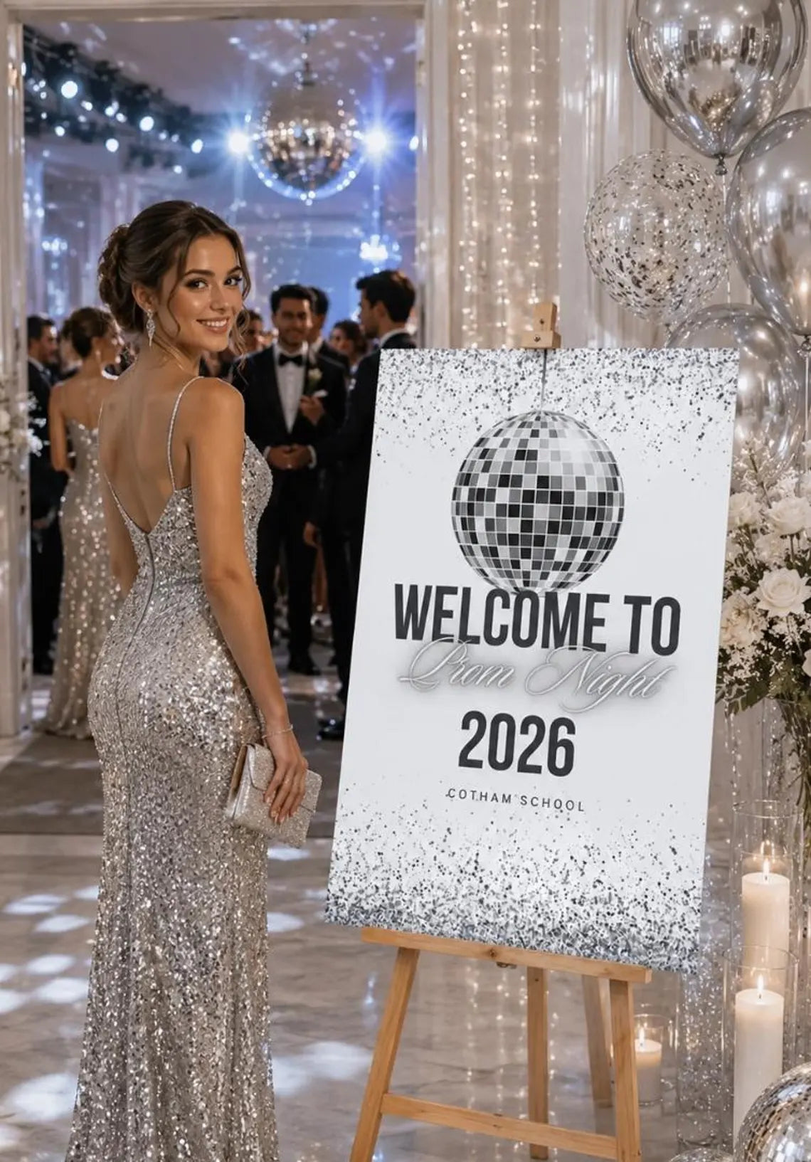 personalised silver glitter ball prom welcome sign 2026, editable prom night board, elegant school dance entrance sign