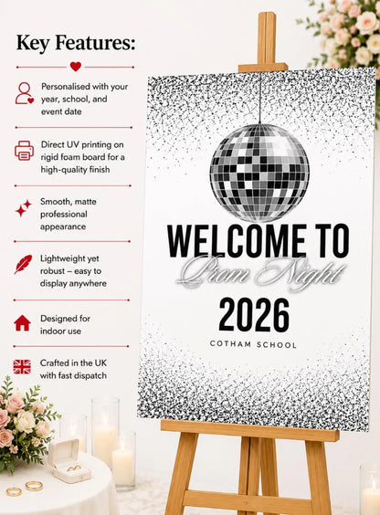 Personalised Silver Glitter Ball Prom Welcome Sign 2026, Editable Prom Night Board, Elegant School Dance Entrance Sign