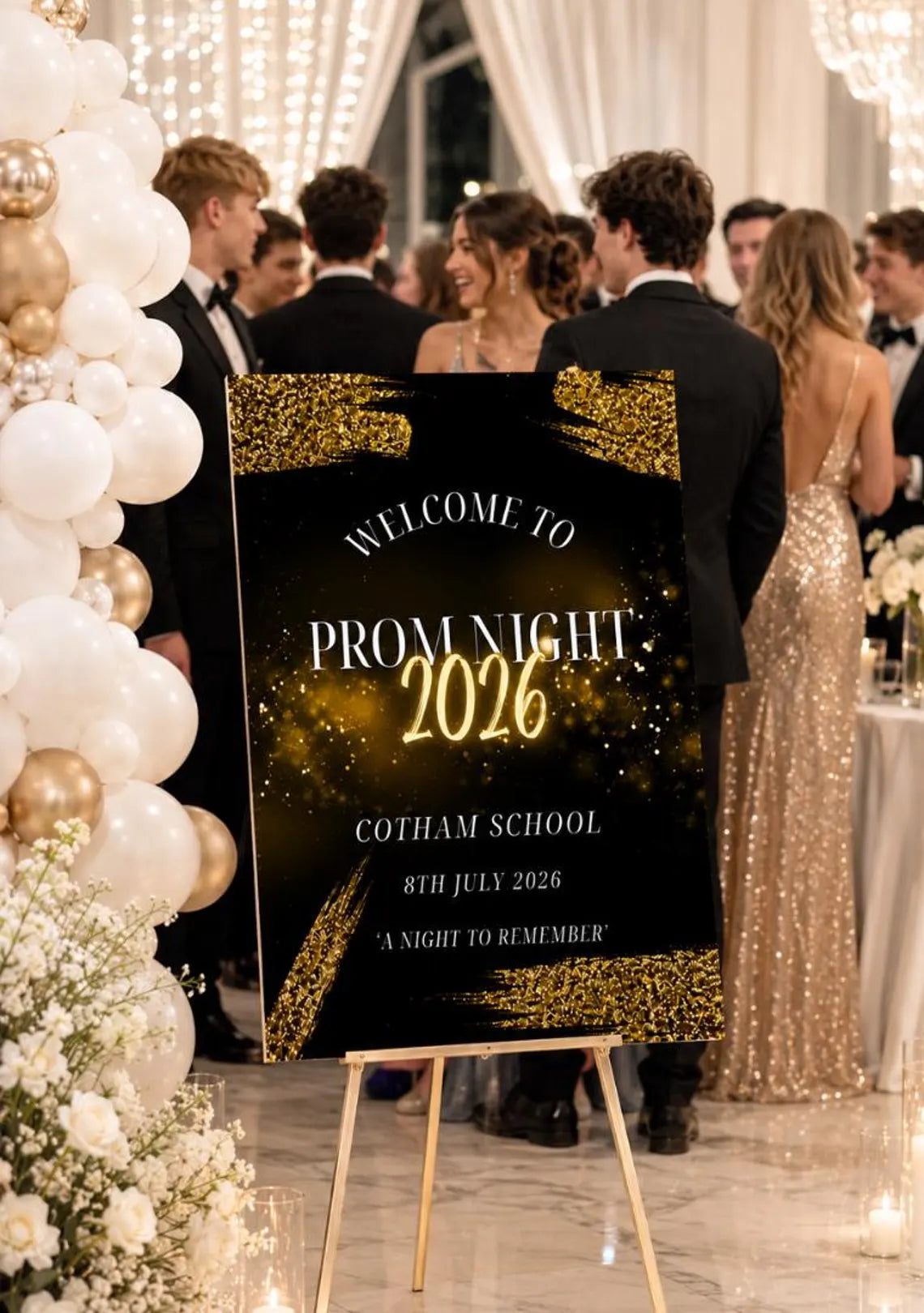 personalised black gold prom welcome sign 2026, editable prom night board, elegant school dance entrance sign