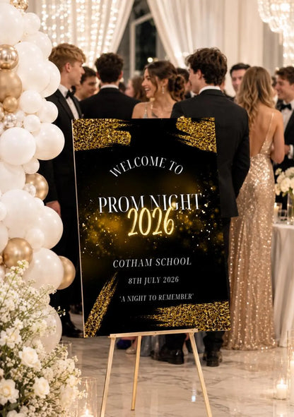 Personalised Black Gold Prom Welcome Sign 2026, Editable Prom Night Board, Elegant School Dance Entrance Sign