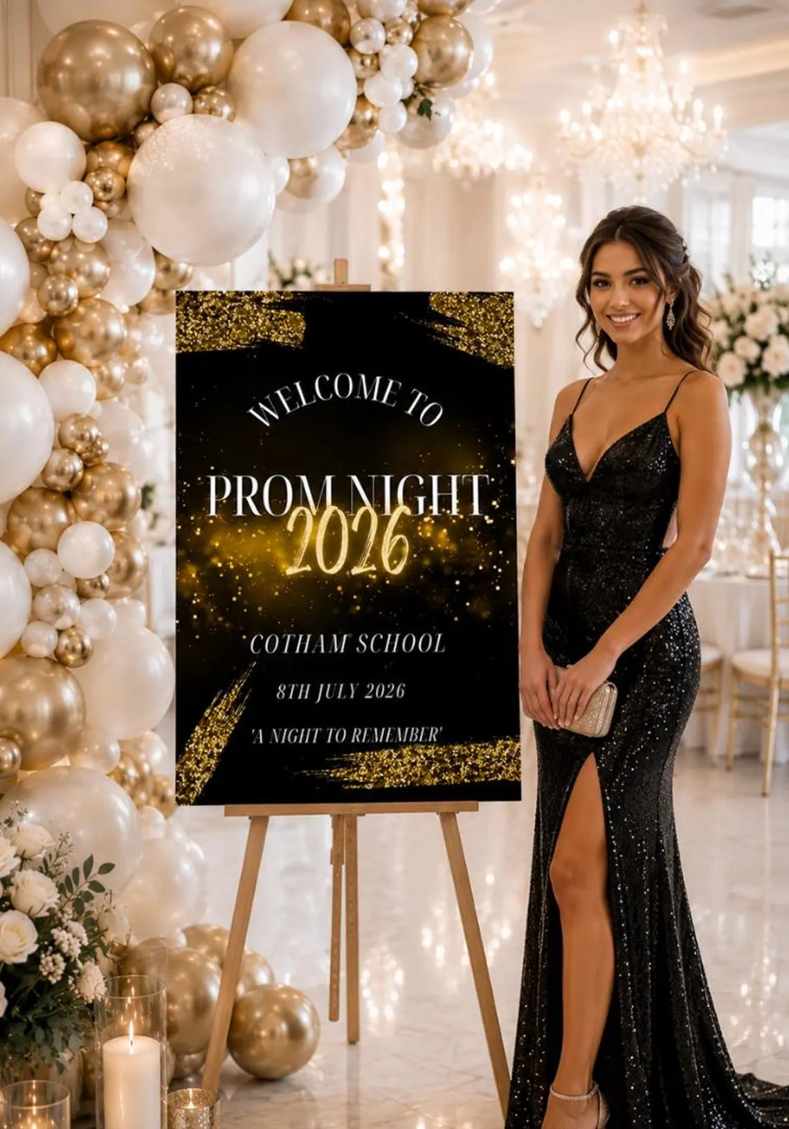 personalised black gold prom welcome sign 2026, editable prom night board, elegant school dance entrance sign