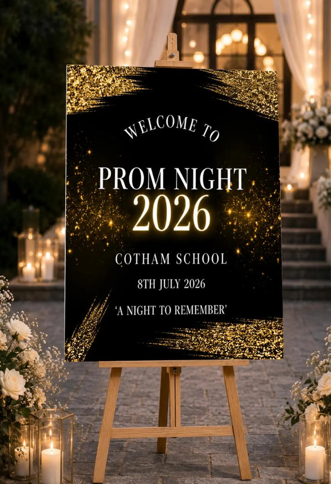 personalised black gold prom welcome sign 2026, editable prom night board, elegant school dance entrance sign
