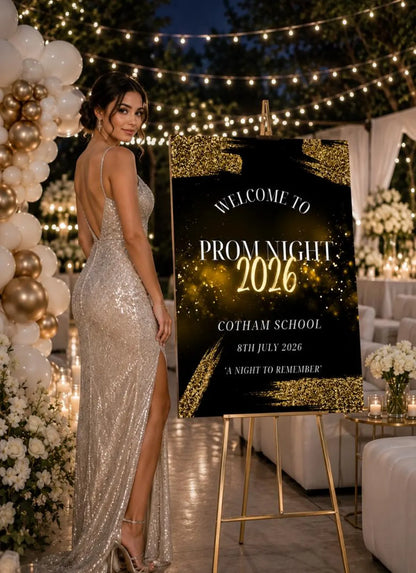Personalised Black Gold Prom Welcome Sign 2026, Editable Prom Night Board, Elegant School Dance Entrance Sign