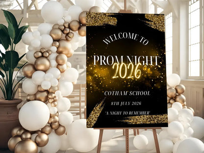 Personalised Black Gold Prom Welcome Sign 2026, Editable Prom Night Board, Elegant School Dance Entrance Sign