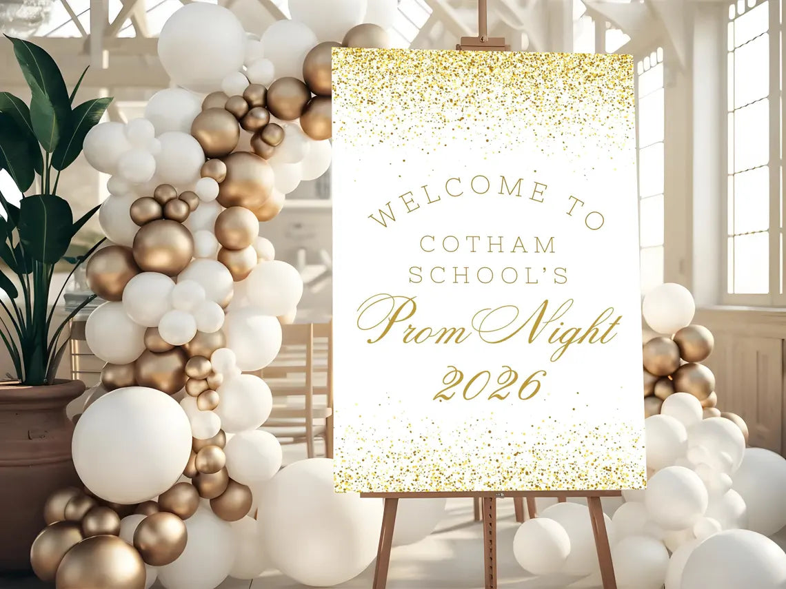 personalised gold glitter effect prom welcome sign 2026, editable prom night board, elegant school dance entrance sign