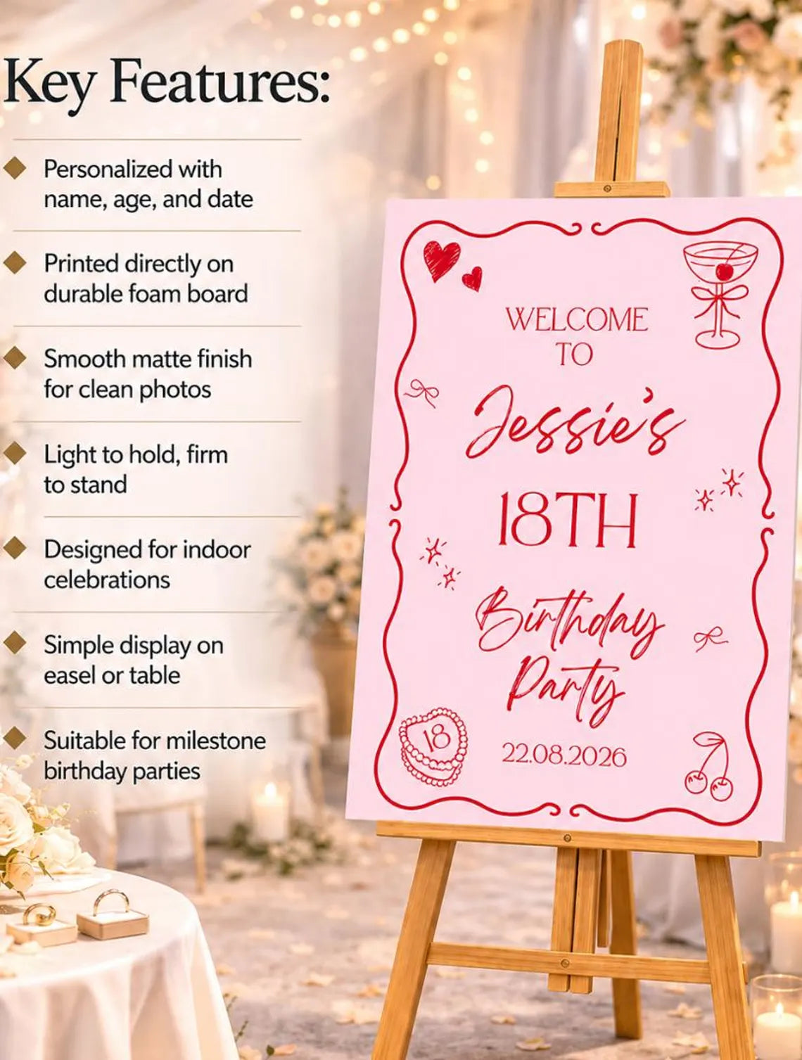 personalised birthday welcome sign | pink birthday party sign | custom name & date board | girls milestone party decor | printed foam board