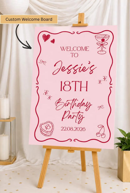 Personalised Birthday Welcome Sign | Pink Birthday Party Sign | Custom Name & Date Board | Girls Milestone Party Decor | Printed Foam Board