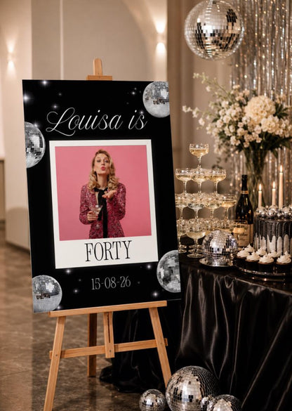 Personalised Polaroid Disco Birthday Welcome Sign with Photo | Custom Photo Birthday Board | Party Entrance Sign | Black & Silver Décor