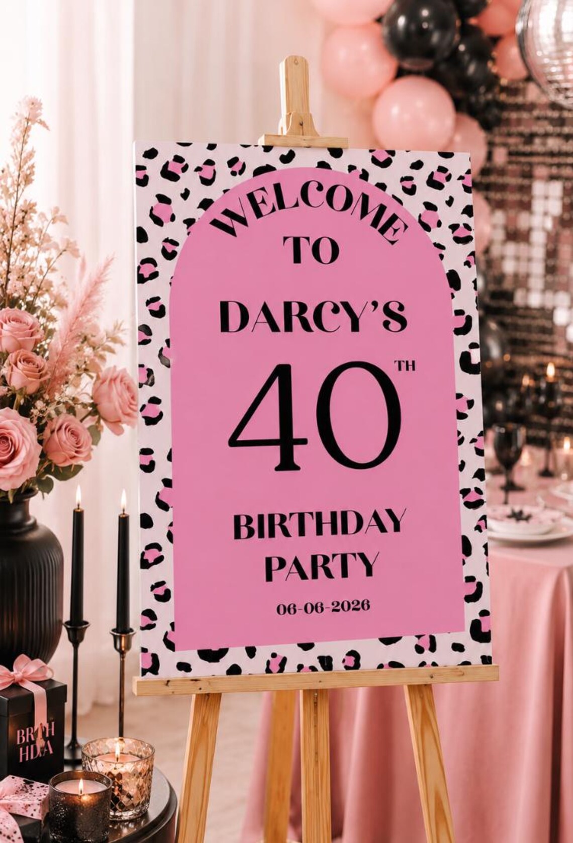 personalised pink leopard print birthday welcome sign | custom name & age sign | modern birthday decor | party entrance sign uk