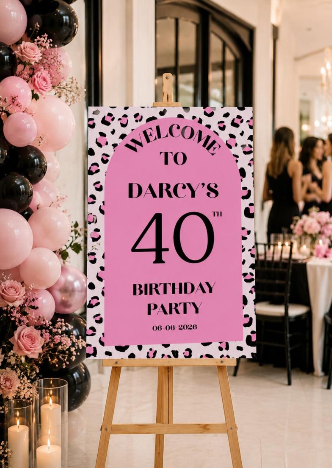 personalised pink leopard print birthday welcome sign | custom name & age sign | modern birthday decor | party entrance sign uk