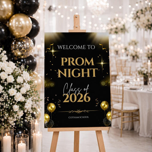 Personalised Gold & Ballon Glitter Effect Prom Welcome Sign 2026, Editable Prom Night Board, Elegant School Dance Entrance Sign