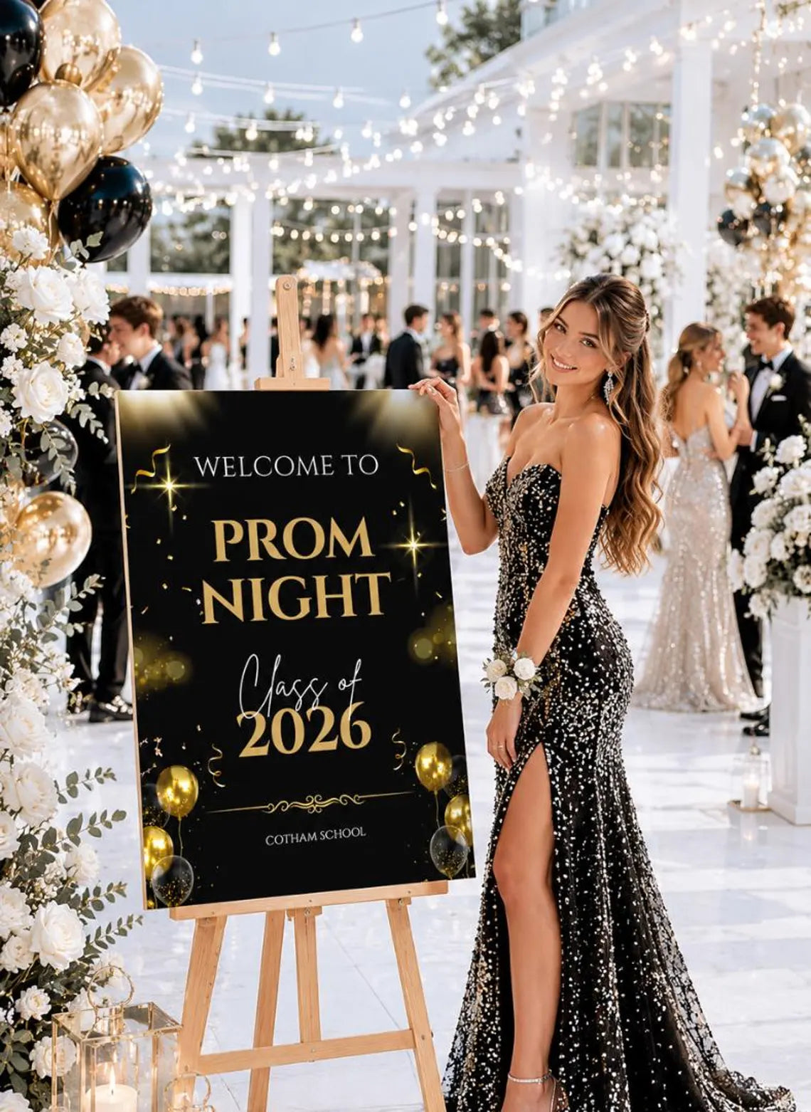 personalised gold & ballon glitter effect prom welcome sign 2026, editable prom night board, elegant school dance entrance sign