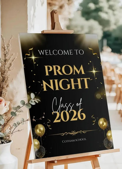 Personalised Gold & Ballon Glitter Effect Prom Welcome Sign 2026, Editable Prom Night Board, Elegant School Dance Entrance Sign