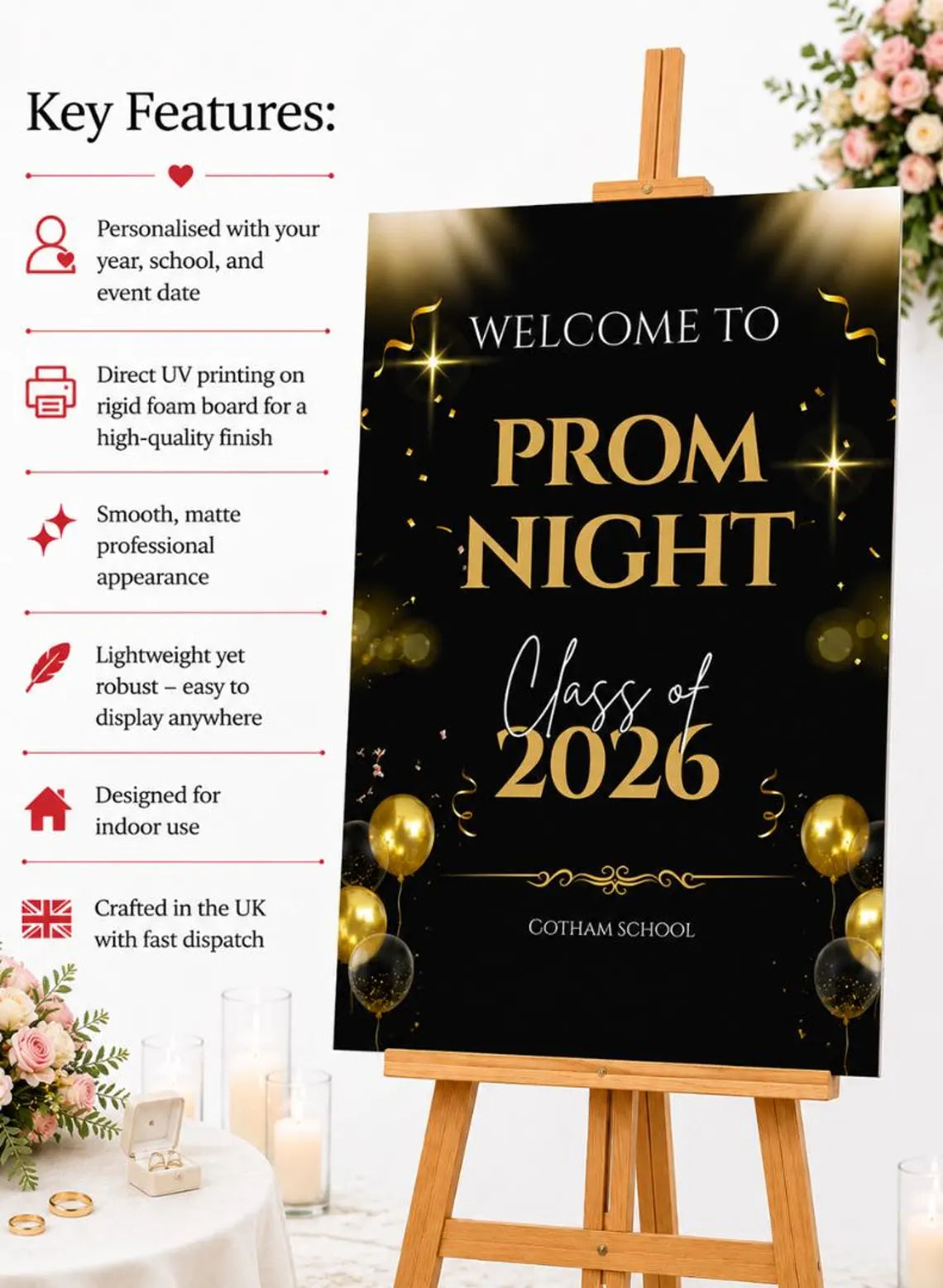 personalised gold & ballon glitter effect prom welcome sign 2026, editable prom night board, elegant school dance entrance sign