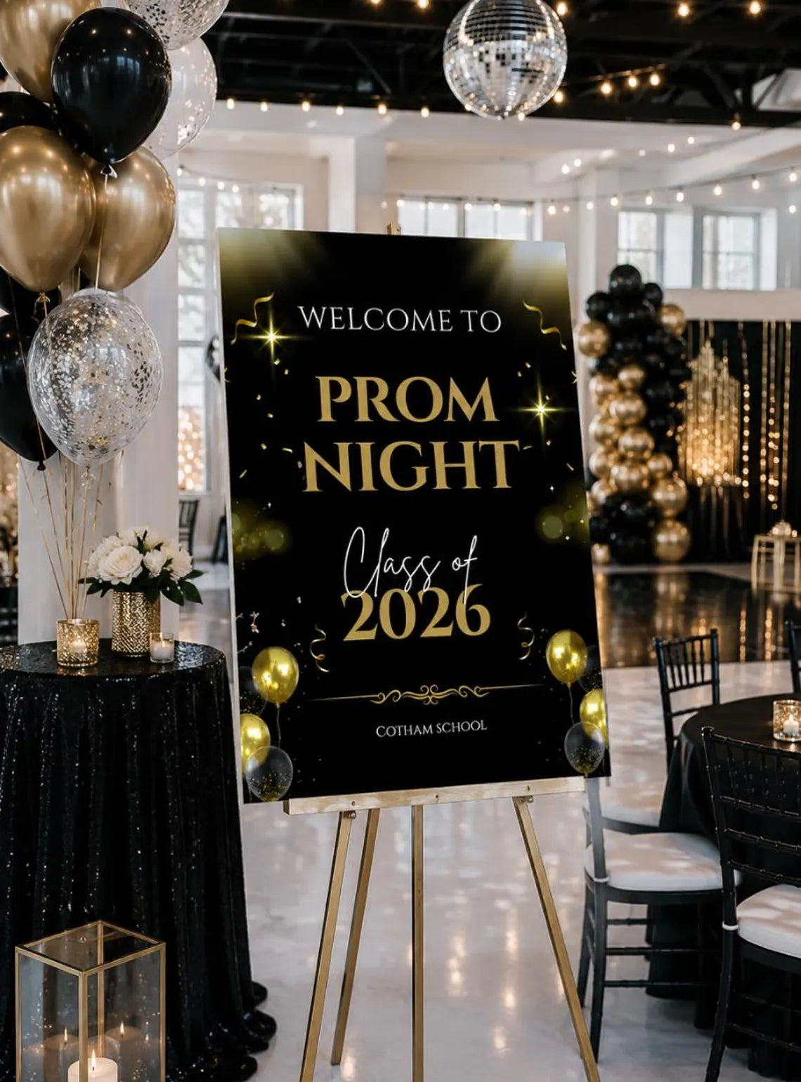 personalised gold & ballon glitter effect prom welcome sign 2026, editable prom night board, elegant school dance entrance sign