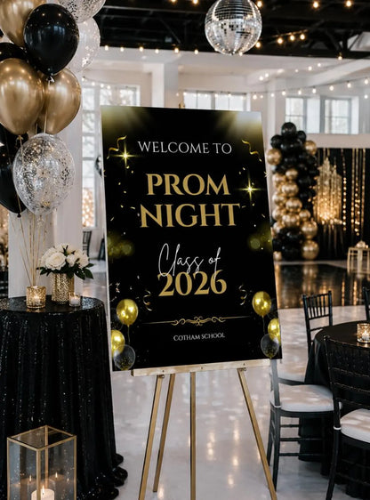 Personalised Gold & Ballon Glitter Effect Prom Welcome Sign 2026, Editable Prom Night Board, Elegant School Dance Entrance Sign