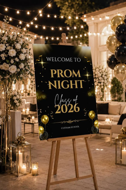 Personalised Gold & Ballon Glitter Effect Prom Welcome Sign 2026, Editable Prom Night Board, Elegant School Dance Entrance Sign