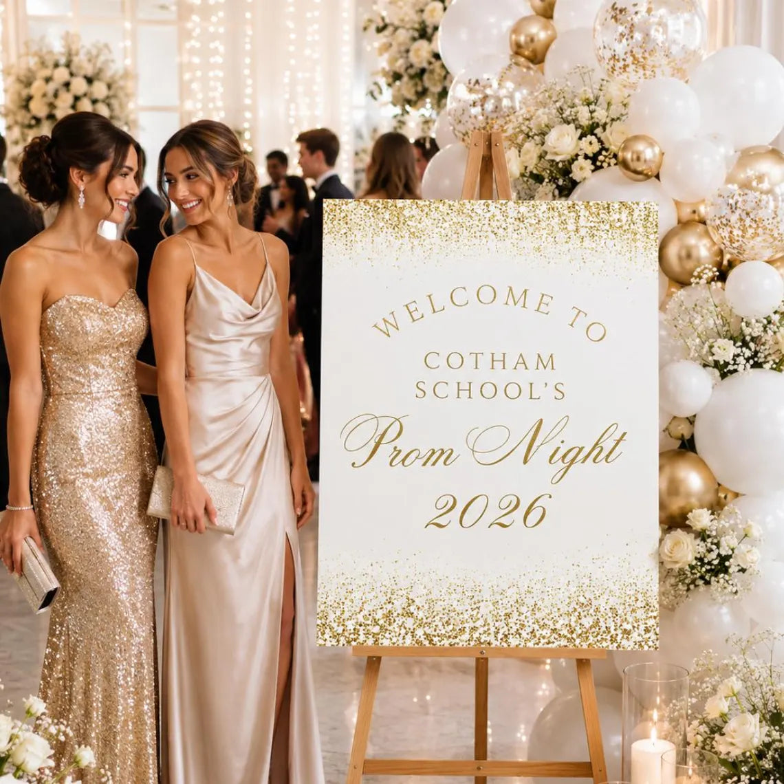 personalised gold glitter effect prom welcome sign 2026, editable prom night board, elegant school dance entrance sign