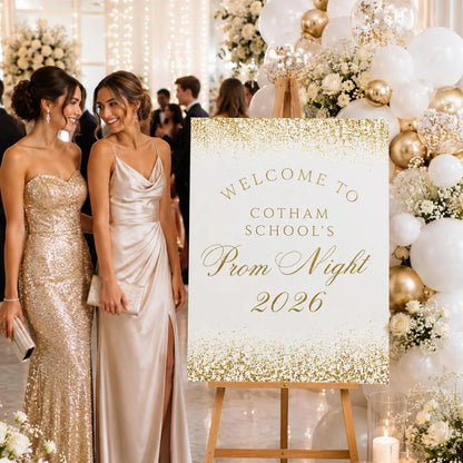 Personalised Gold Glitter Effect Prom Welcome Sign 2026, Editable Prom Night Board, Elegant School Dance Entrance Sign