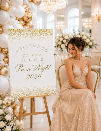 Personalised Gold Glitter Effect Prom Welcome Sign 2026, Editable Prom Night Board, Elegant School Dance Entrance Sign