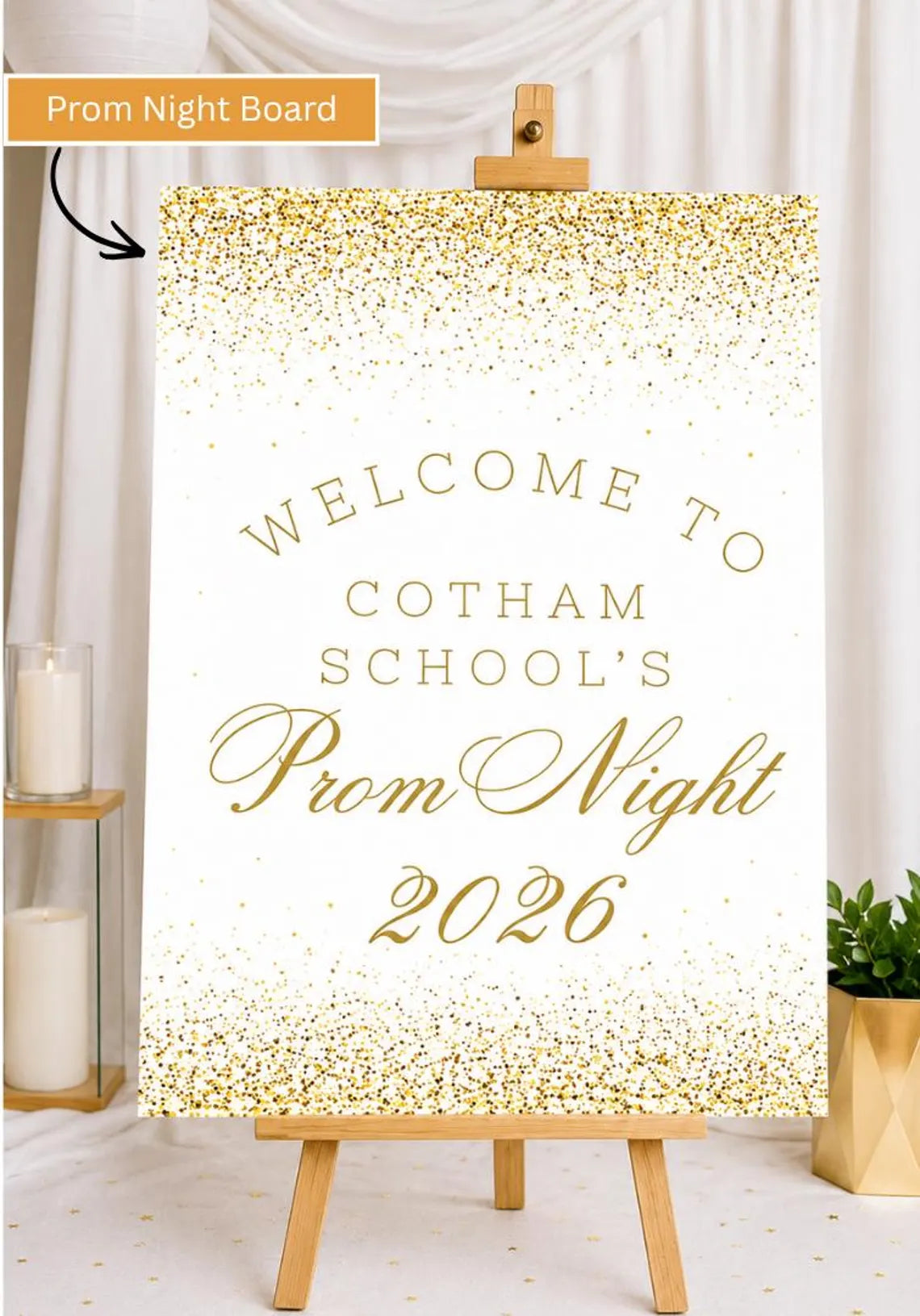 personalised gold glitter effect prom welcome sign 2026, editable prom night board, elegant school dance entrance sign
