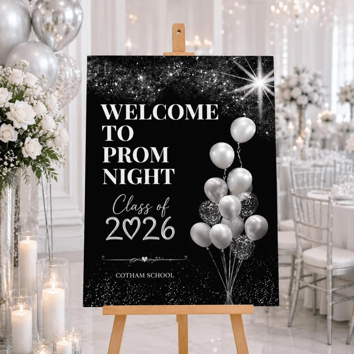 personalised silver glitter ball black background prom welcome sign 2026, editable prom night board, elegant school dance entrance sign