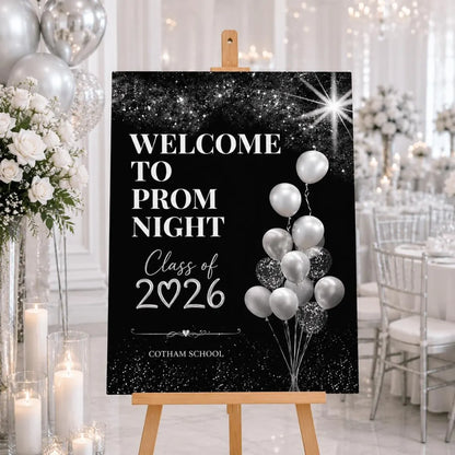 Personalised Silver Glitter Ball Black Background Prom Welcome Sign 2026, Editable Prom Night Board, Elegant School Dance Entrance Sign