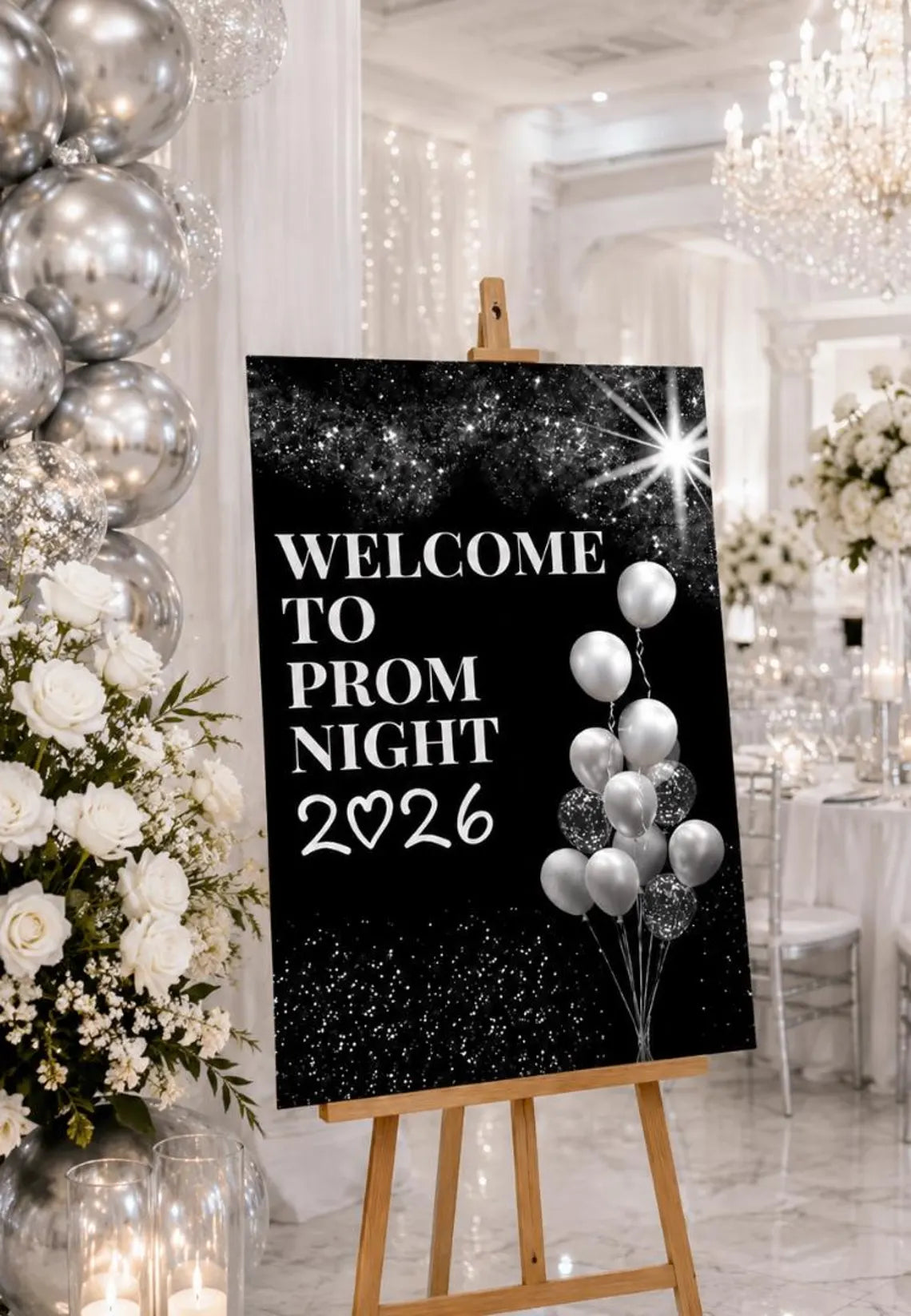 personalised silver glitter ball black background prom welcome sign 2026, editable prom night board, elegant school dance entrance sign