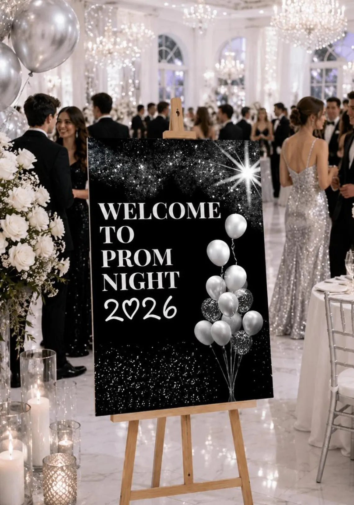 personalised silver glitter ball black background prom welcome sign 2026, editable prom night board, elegant school dance entrance sign