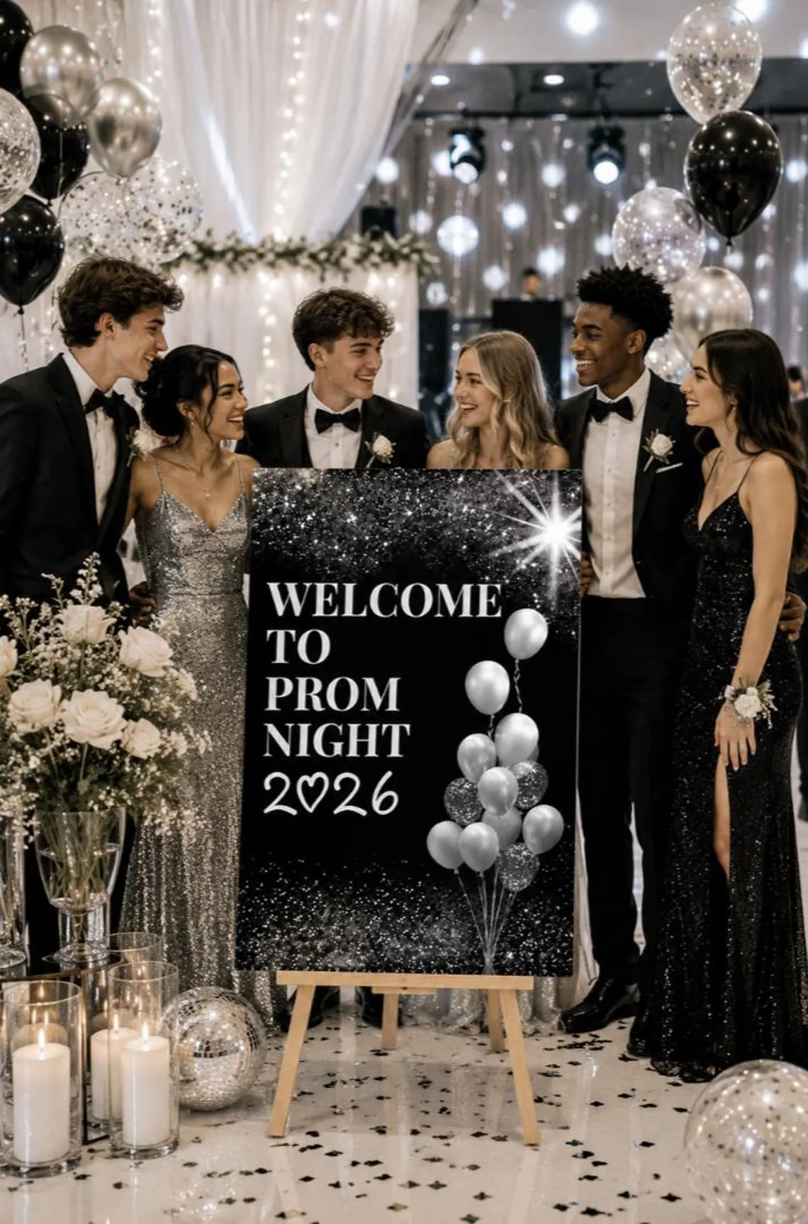 personalised silver glitter ball black background prom welcome sign 2026, editable prom night board, elegant school dance entrance sign