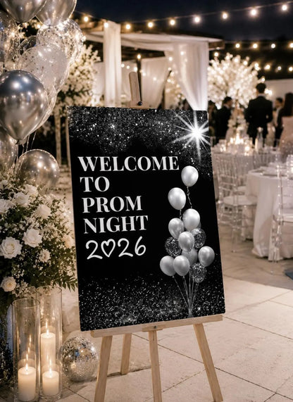Personalised Silver Glitter Ball Black Background Prom Welcome Sign 2026, Editable Prom Night Board, Elegant School Dance Entrance Sign