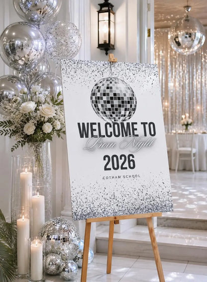 Personalised Silver Glitter Ball Prom Welcome Sign 2026, Editable Prom Night Board, Elegant School Dance Entrance Sign