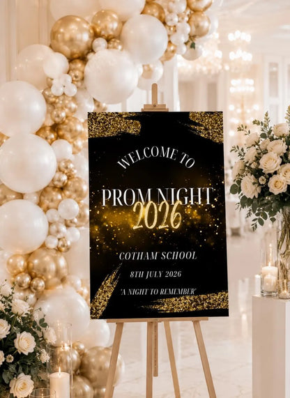 Personalised Black Gold Prom Welcome Sign 2026, Editable Prom Night Board, Elegant School Dance Entrance Sign