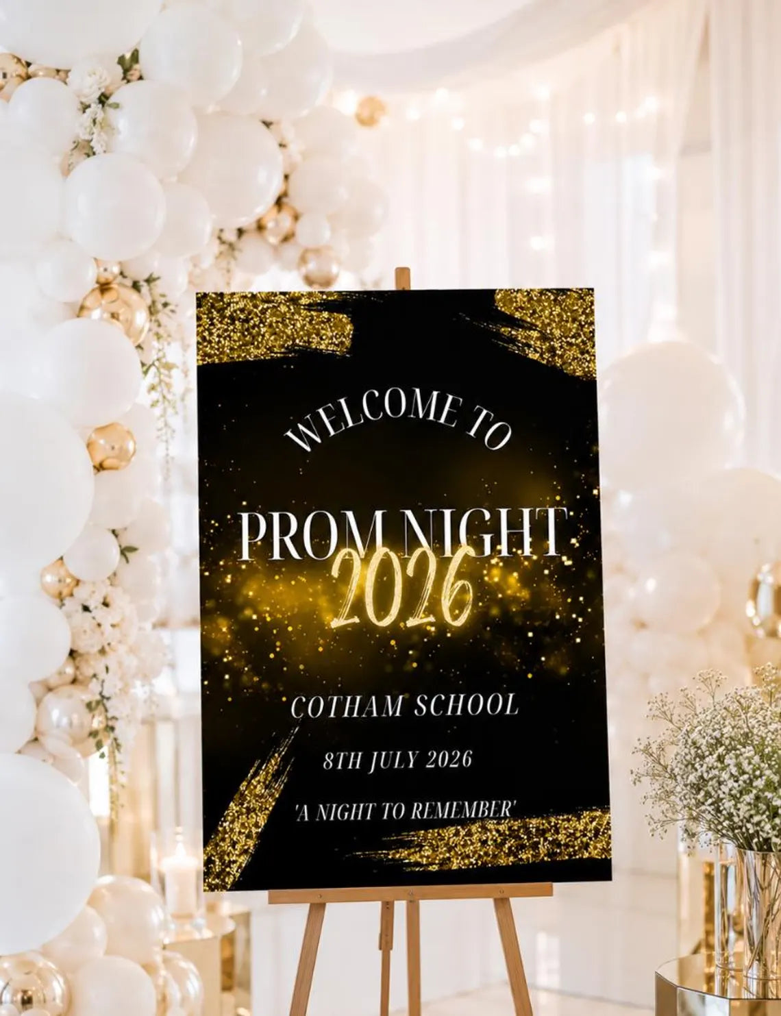 personalised black gold prom welcome sign 2026, editable prom night board, elegant school dance entrance sign