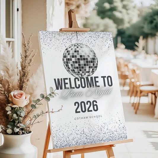 Personalised Silver Glitter Ball Prom Welcome Sign 2026, Editable Prom Night Board, Elegant School Dance Entrance Sign